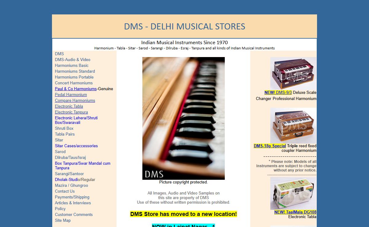 DMS-DELHI MUSICAL STORES - INDIAN CLASSICAL MUSICAL INSTRUMENTS-EXPORTERS-MANUFACTURERS  OF HARMONIUMS,TABLA,SITAR,TANPURA,DHOLAK,DILRUBA,NAAL,SARANGI,SAROD,BHANGRA DHOL,DILRUBA,ESRAJ,TAUS,SHRUTI BOX,RAAGINI,TAAL TARANG,TAALMALA,LEHERA