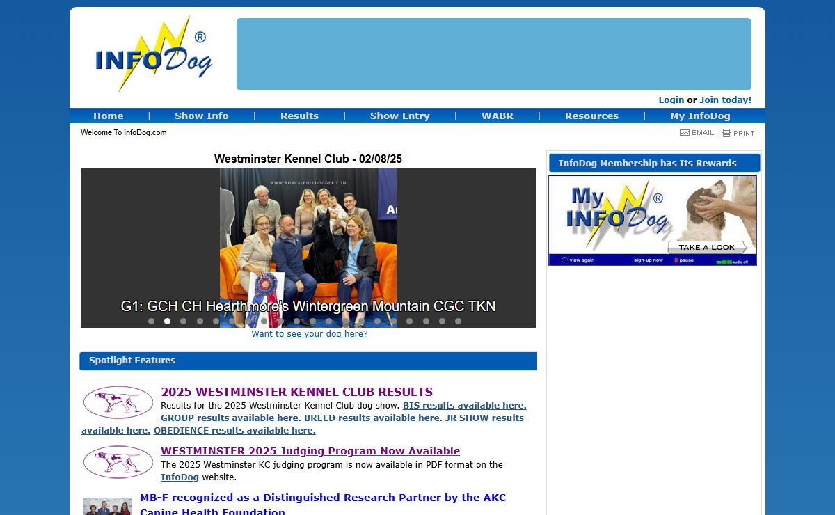 InfoDog - The Dog Fancier's Complete Resource for information about AKC Dog Show Events, and Dog Products and Services
