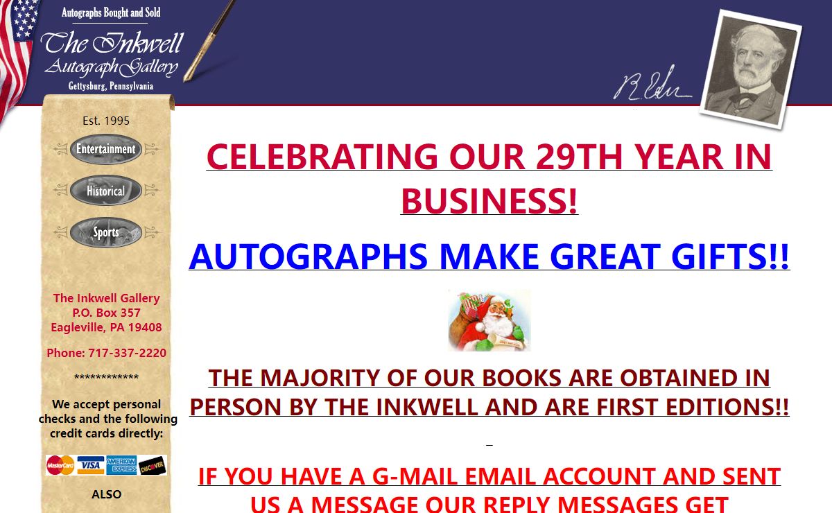 Civil War Autographs, Presidential Autographs, The Inkwell Autograph Gallery, Eagleville, PA 19408, great gifts, autographs, signed books, signed photos, documents signed, AUTOGRAPHS FOR SALE,