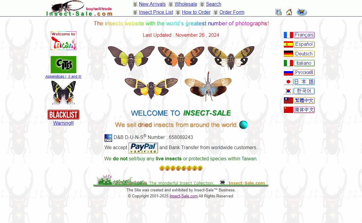 Insect-Sale.com - We sell best quality insect specimens from around the world. insect, insects, insectes, insectos, Insekten, insetti, insects specimens, insect specimens, dead insects, dried insects, dry insect, insects sale, insects sales, insect sale, insect sales, insects for sale, buy insect, buy insects, sell insect, sell insects, insect shop, insect company, insect store, types of insects, kinds of insects, butterflies, butterfly, bugs, entomology, beetles, beetles insect, moths, insect pictures, insect images, insect photos, insect videos, insect forums, insect collectors, entomological specimens, coleoptera, lepidoptera, arthropoda, Lucanidae, Cetoniidae, Cerambycidae, Dynastidae, Euchiridae, Curculionidae, Rutelidae, Buprestidae, Carabidae, Elateridae, Chrysomelidae, Scarabaeidae, Trictenotomidae, Cicindelidae, Papilionidae, Parnassiidae, Nymphalidae, Morphidae, Moths, Pieridae, Amathusiidae, Danaidae, Riodinidae, Brassolidae, Heliconidae, Ithomidae, Lycaenidae, Satyridae, Hemiptera, Homoptera, Orthoptera, Mantidae, Phasmidae, Phylliidae, Hymenoptera, Scorpion, Spider, insect books, insects gifts, insect wikipedia, insect sites, insect names, insect projects, insect data, insect museum, insect science, insects on the web, list of insects, insects for kids, insect identification, insect list, spiders, arachnids, stag beetles, flower beetles, long-horned beetles, rhinoceros beetles, long-arm beetles, snout beetles, shining beetles, jewel beetles, ground beetles, click beetles, dung beetles, tiger beetles, cicada, grasshopper, mantis, stick, bee, ant, scorpion, ladybugs, https://www.insect-sale.com , https://www.insectsale.com