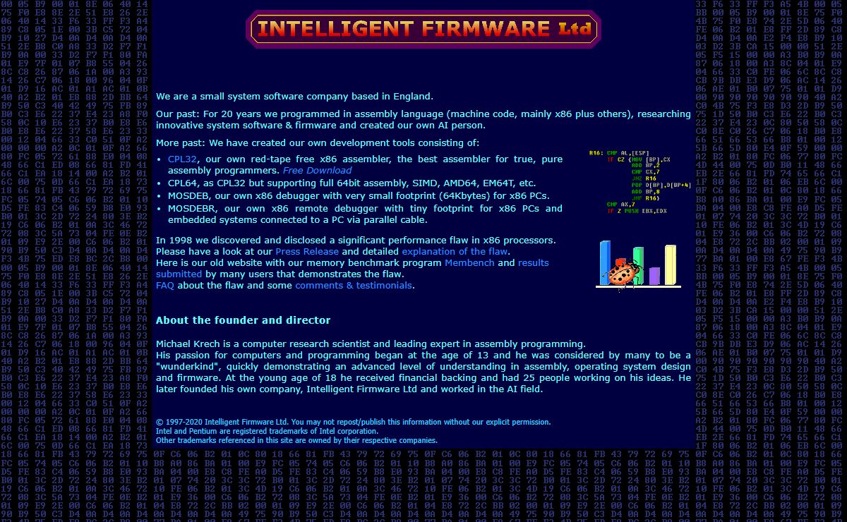 Intelligent Firmware Ltd: x86 Assembly Programmers, Machine Code, Critical Inner Loop Optimization, Converting assembler to C, Programming Consultancy