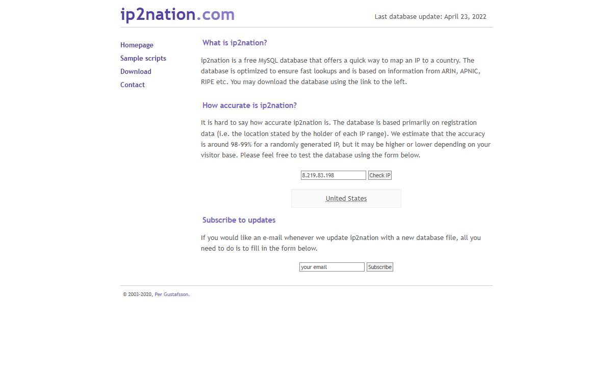 ip2nation - resolve IP to country