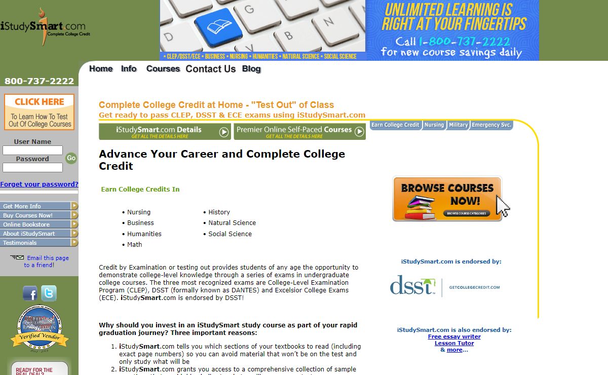 Distance Learning Test out of CollegeiStudySmart