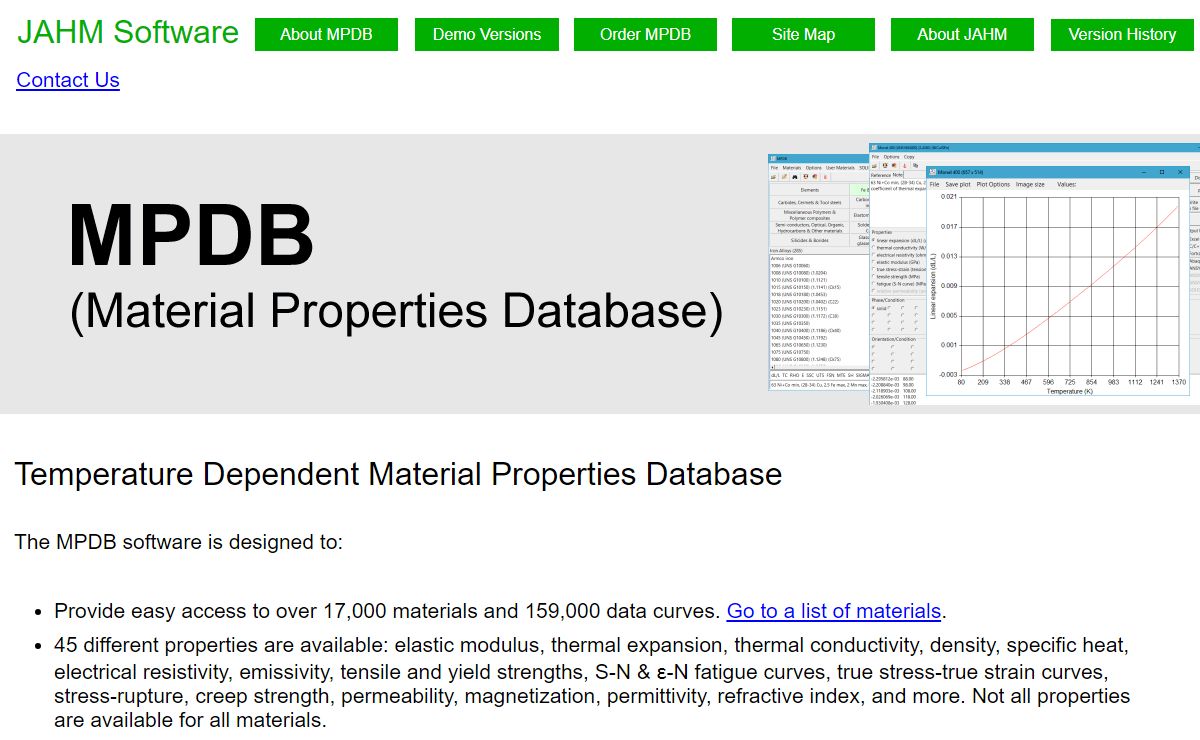 Temperature dependent elastic modulus, thermal expansion, thermal conductivity database for FEA & CAD