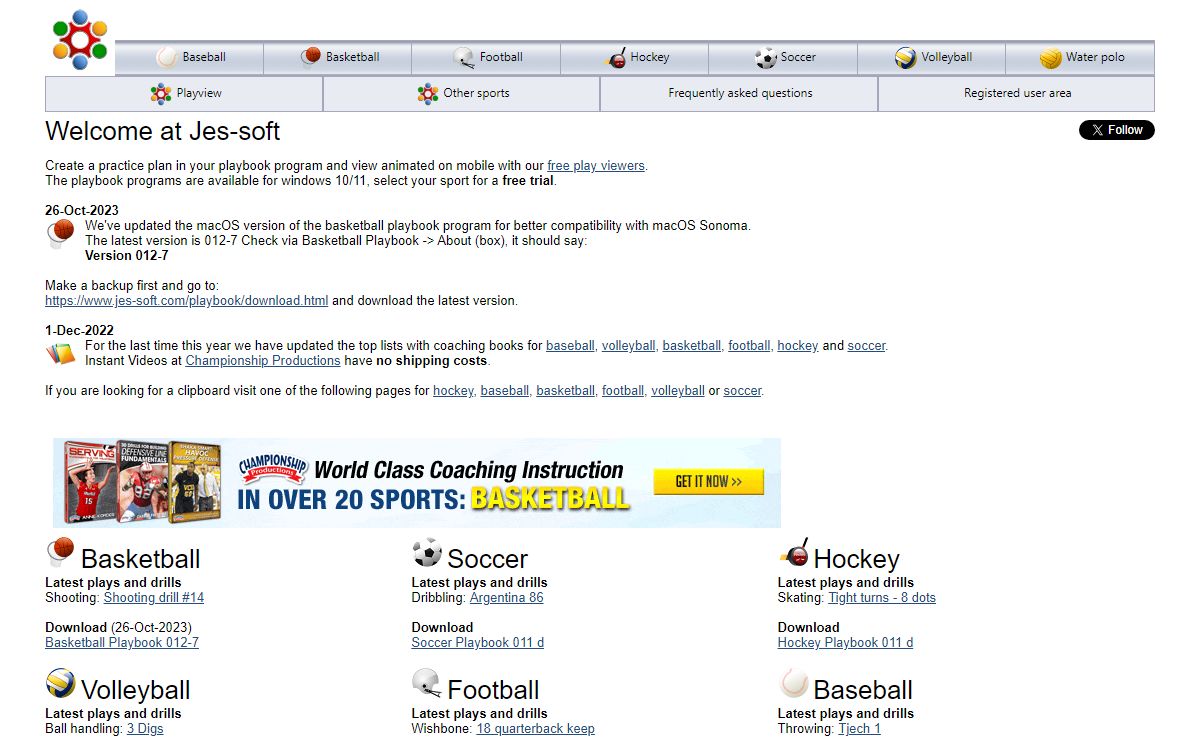 Jes-soft - Basketball, Football, Hockey, Soccer, Volleyball, Baseball and Water polo plays, drills and software