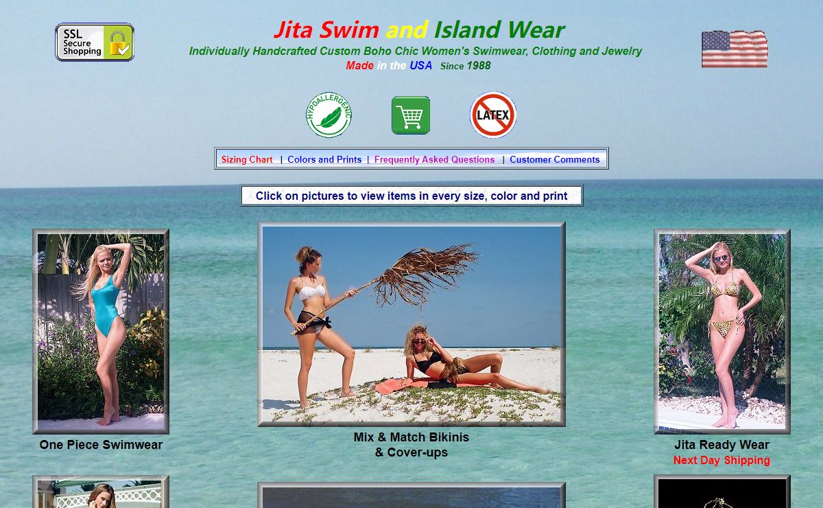 Custom boho chic women's clothing and swimwear made in the USA, latex free and hypoallergenic.