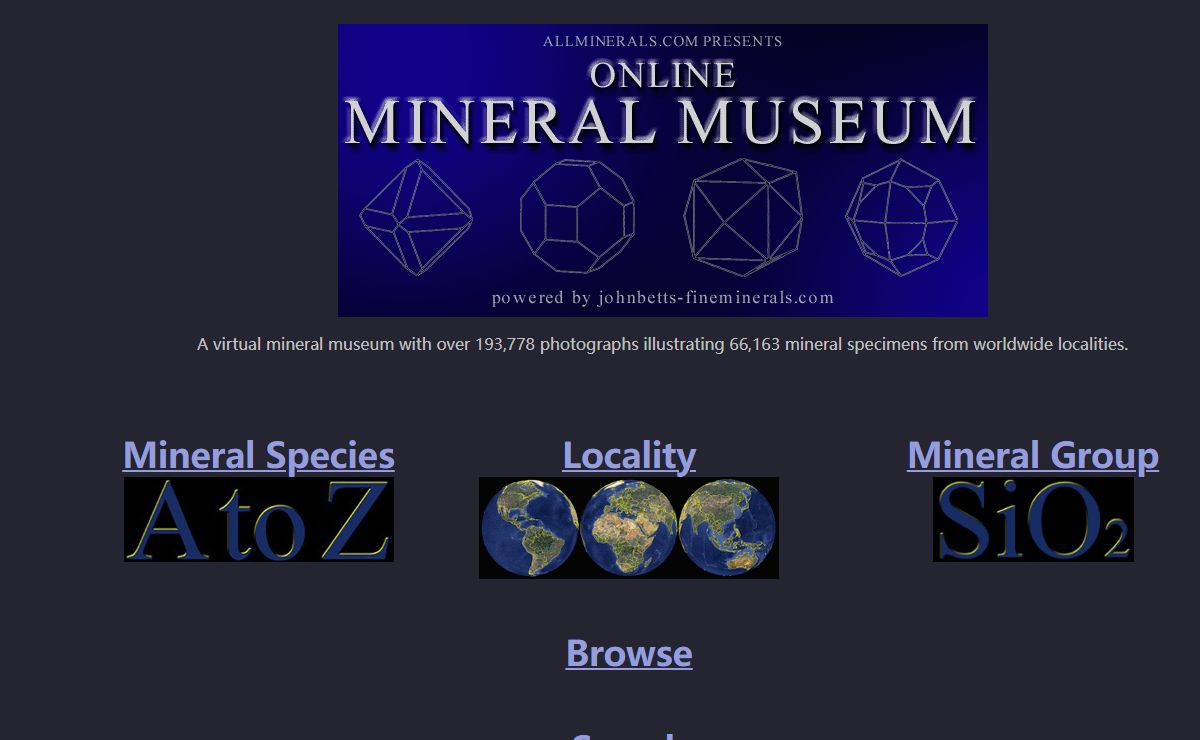Virtual museum with photographs illustrating thousands of mineral specimens from worldwide localities.