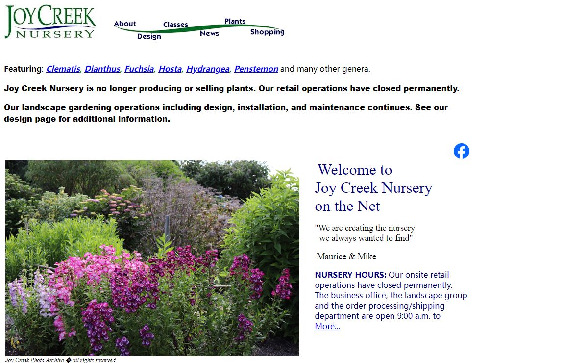 Joy Creek Nursery featuring Clematis, Fuchsia, Hydrangea, Penstemon plus many others