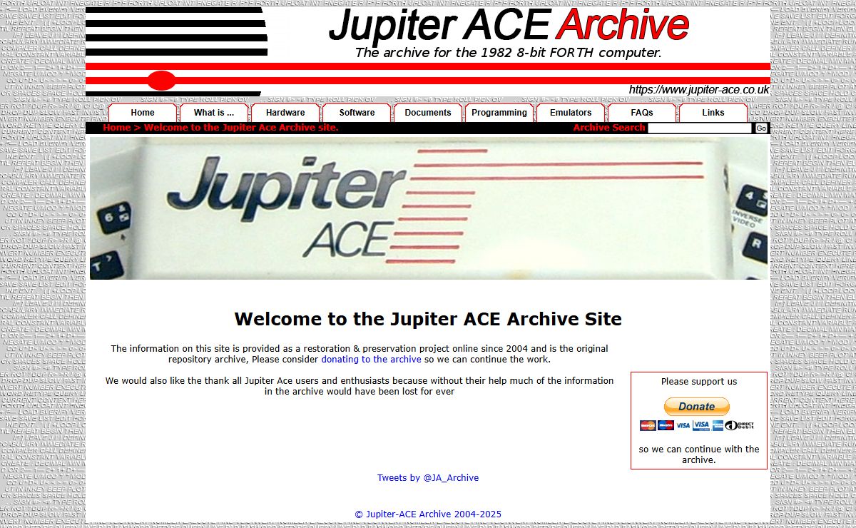 Jupiter Ace Resource Site - Intro and Home page.
