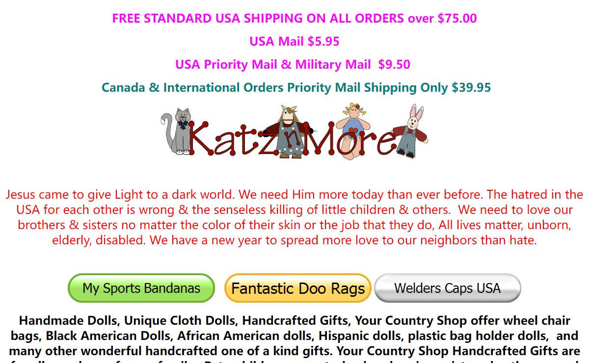 Katznmore Handmade,Unique cloth dolls, Katznmore handcrafted dolls, Black American, Africian American, Hispanic, Animals, Baby Dolls Index