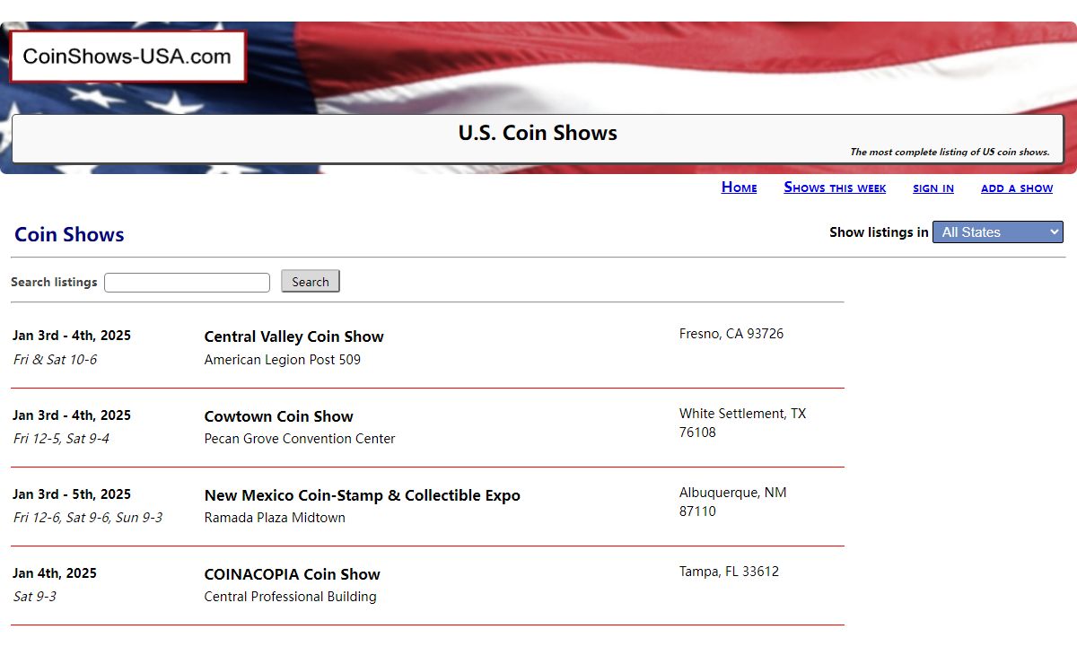 Coin shows, Coin show directory for coin shows near me.