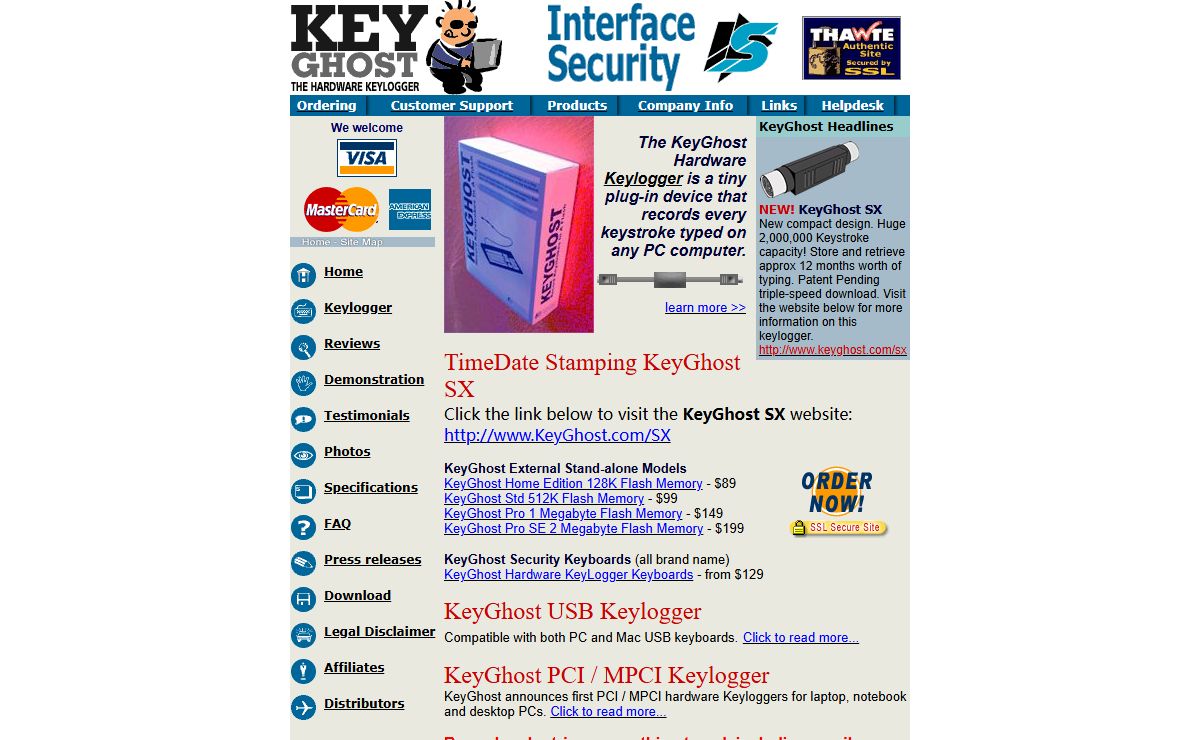 KeyGhost Keylogger - A hardware keylogger which captures all keystrokes to its internal memory chip. It is software free so it cannot be detected or disabled by software and installs in under 5 seconds!