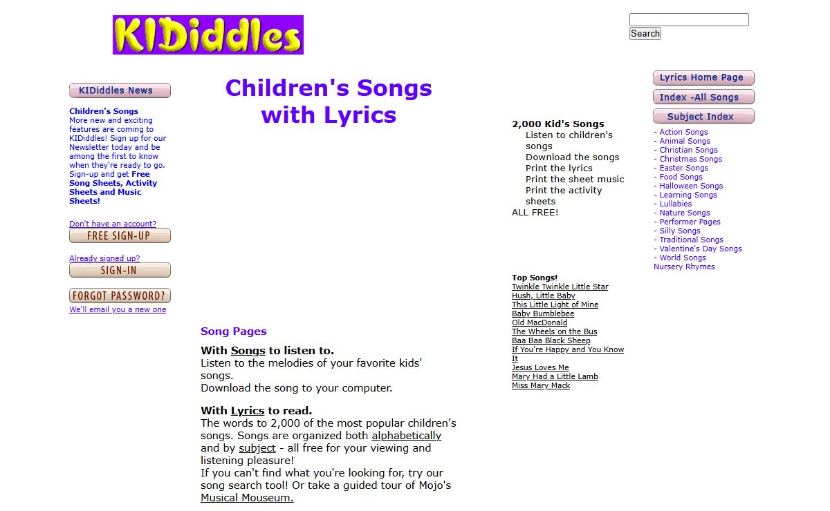 Children's Songs with Downloadable Kids Music - songs and lyrics from KIDiddles