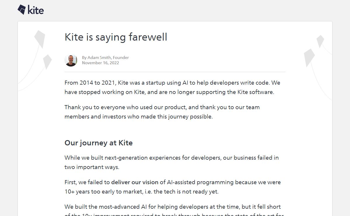 Kite is saying farewell - Code Faster with Kite