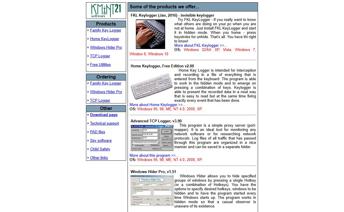 Welcome to KMiNT21 Software! Our products: Home KeyLogger, Family Key Logger, Advanced TCP Logger, Port Mapper, Windows Hider Pro.