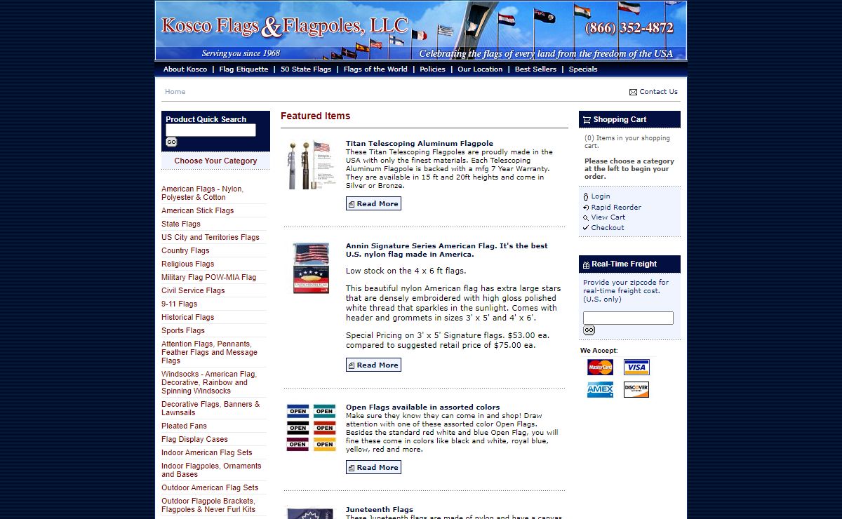 Kosco Flags and Flagpoles - Your source for USA Flags, State Flags, Sports Flags, and many Country Flags.