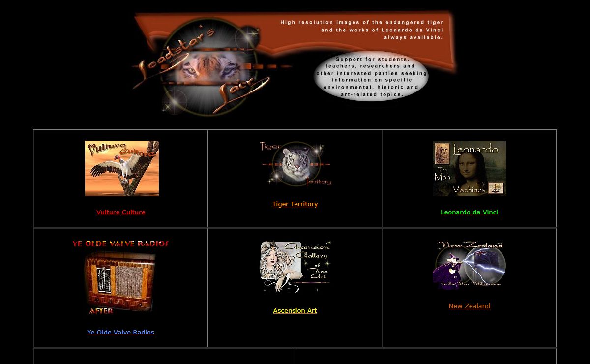 Loadstar's Lair: Support for students, teachers and researchers seeking information on specific environmental, historic and art-related topics. High resolution images of the endangered tiger and the works of Leonardo da Vinci.
