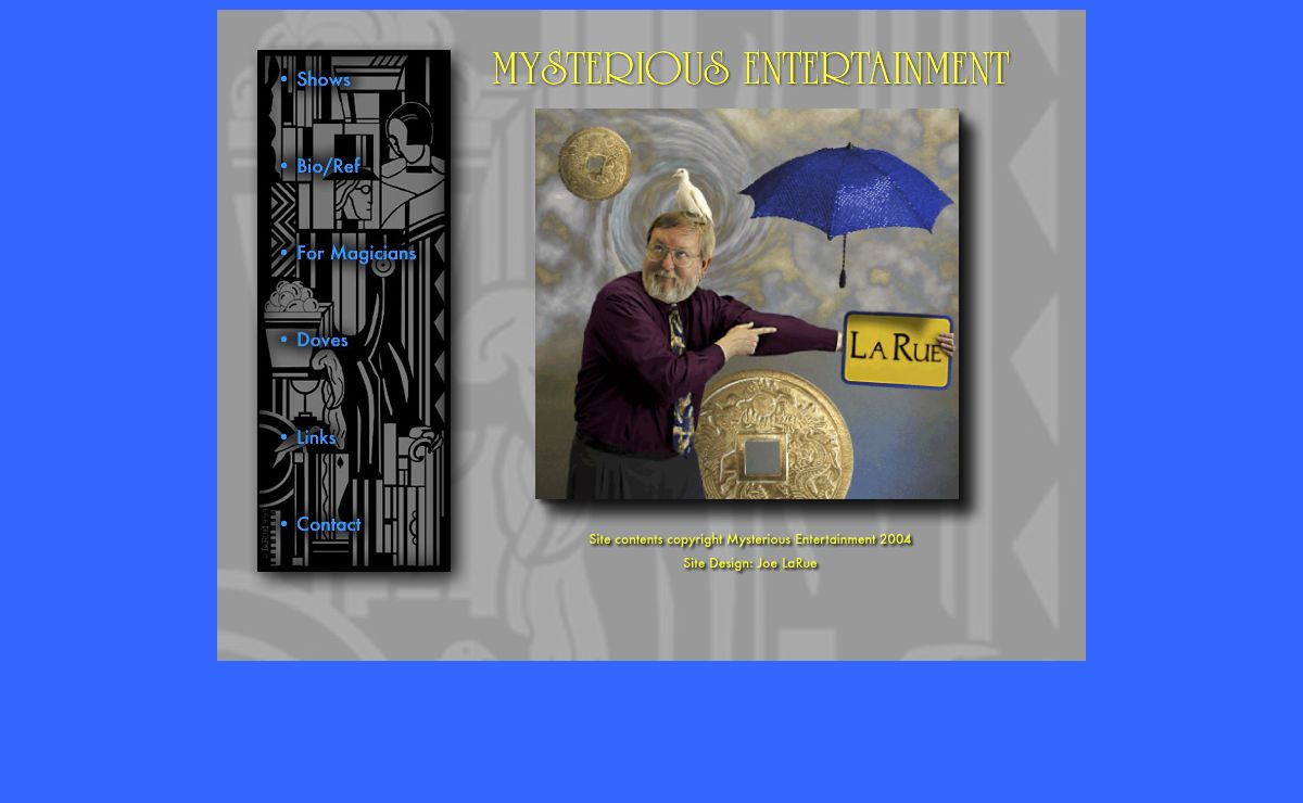 Mysterious Entertainment: Boulder Colorado based magician. Magical entertainment for special events, families, birthdays, and companies featuring doves, illusions, mentalism and sleight of hand.