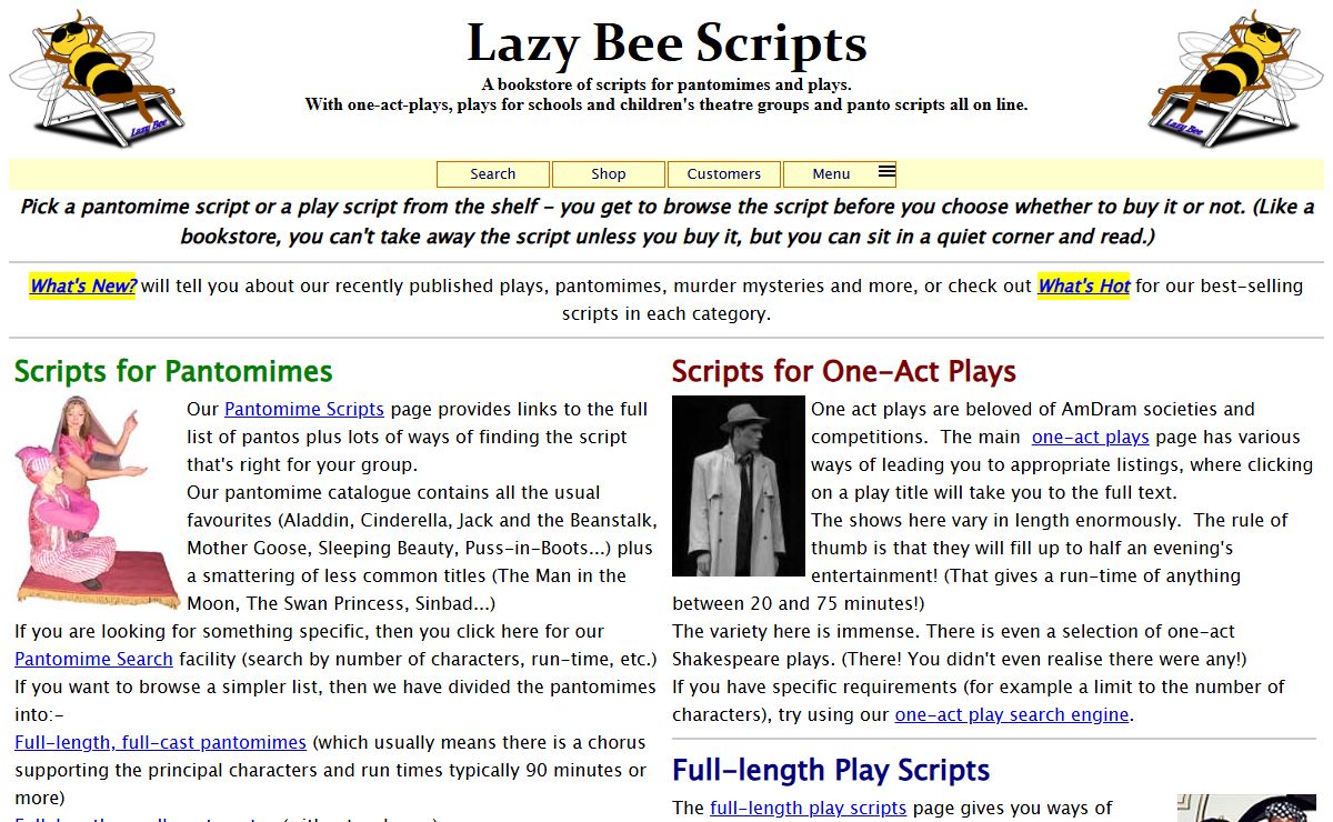 Pantomime scripts and plays - read complete scripts for pantomimes and plays on line at Lazy Bee Scripts