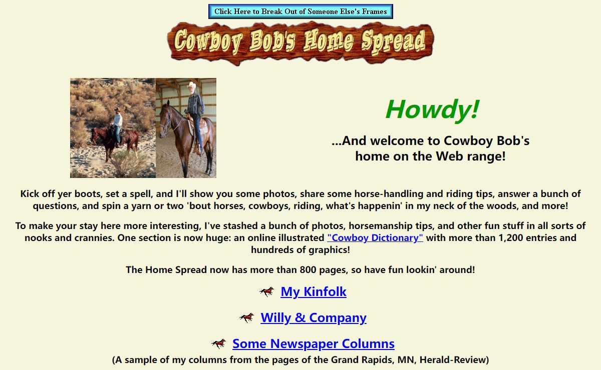 Cowboy Bob's Home Spread - horse riding and horsemanship tips, photos, stories, and more for cowboys and cowgirls of all ages!
