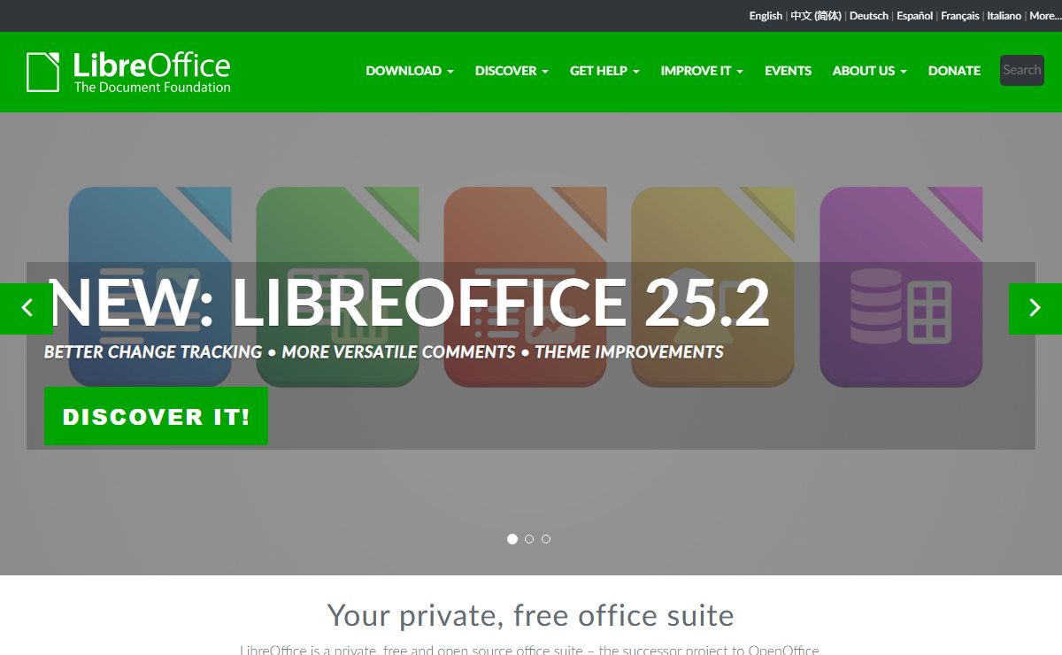 Home | LibreOffice - Free and private office suite - Based on OpenOffice - Compatible with Microsoft