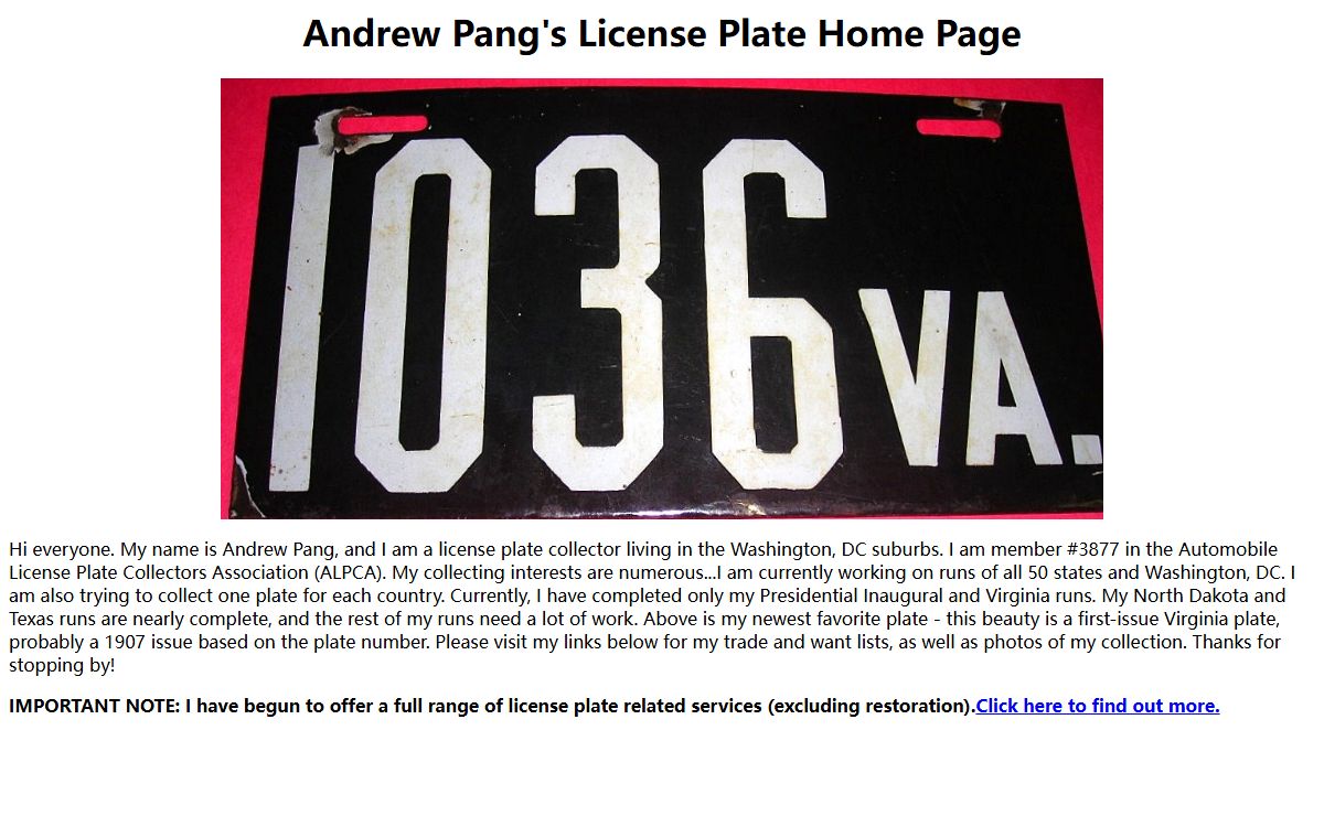 Andrew Pang's License Plate Home Page