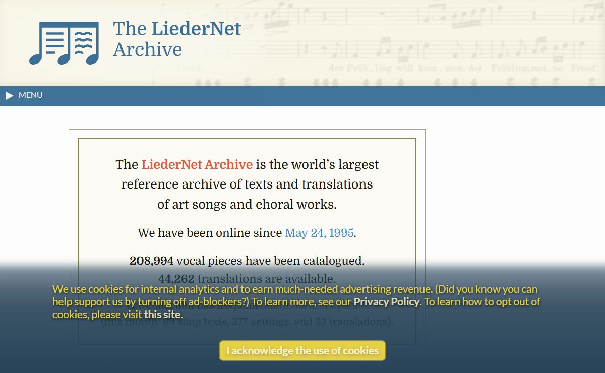 The LiederNet Archive: Texts and Translations to Lieder, mélodies, art songs, choral pieces, and other vocal music
