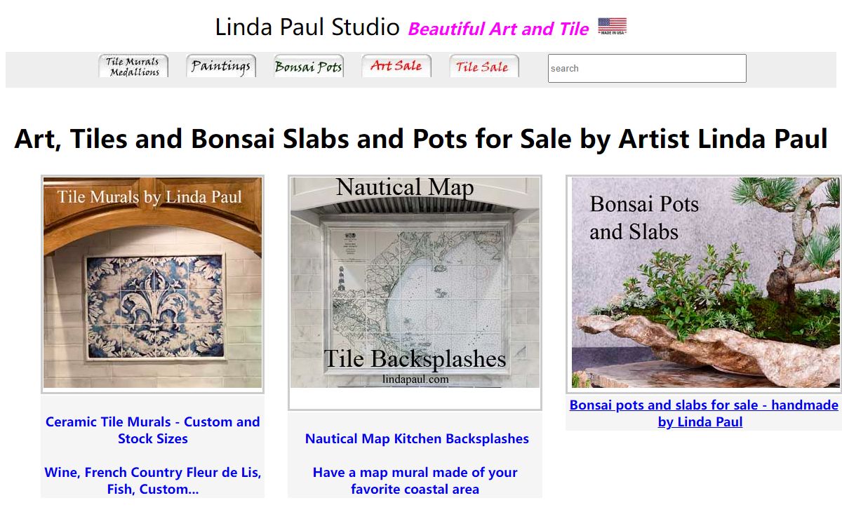 Art, Tiles and Bonsai Pots for Sale by Artist Linda Paul - Paintings Backsplashes