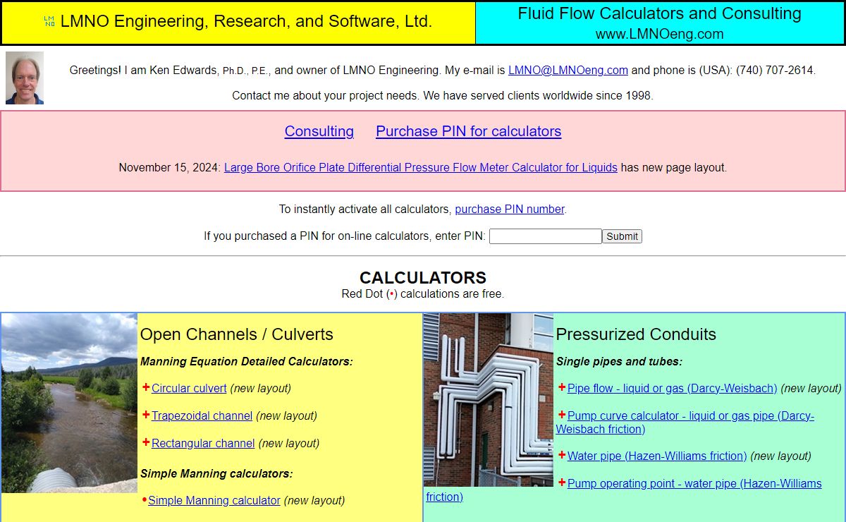 LMNO Engineering. Fluid Flow Calculators and Consulting