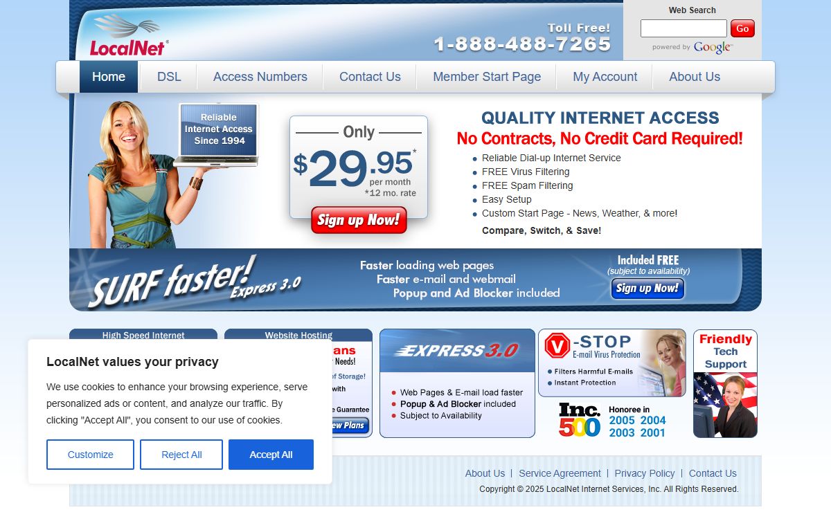 LocalNet: Best Value Dial-up Internet Service Provider.
