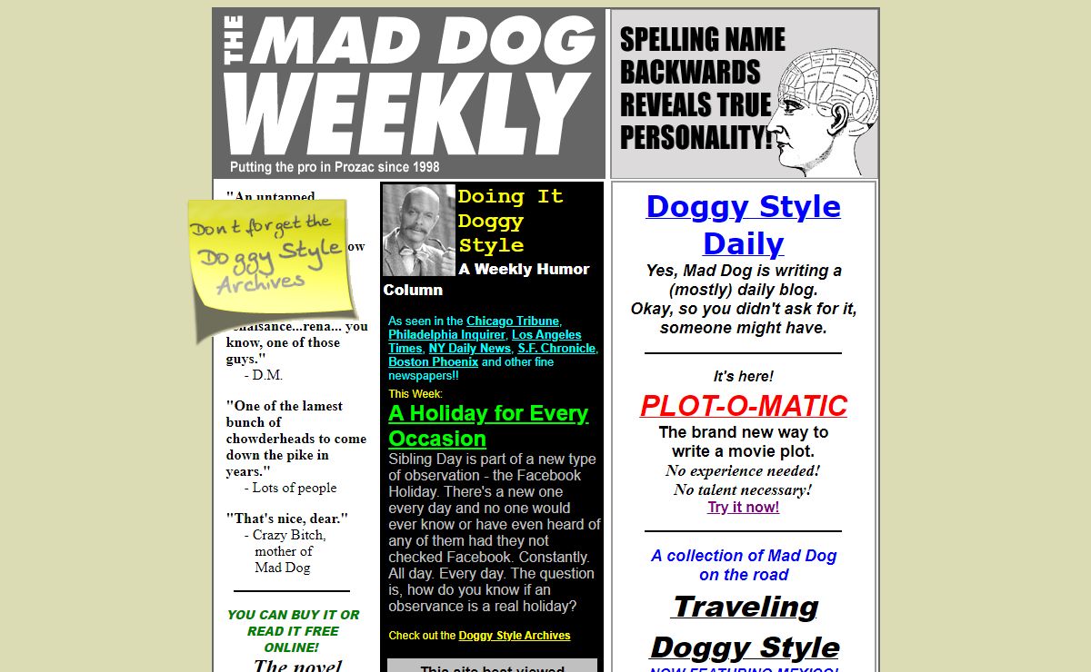Mad Dog Weekly from Mad Dog Productions, a humor column, novel and more