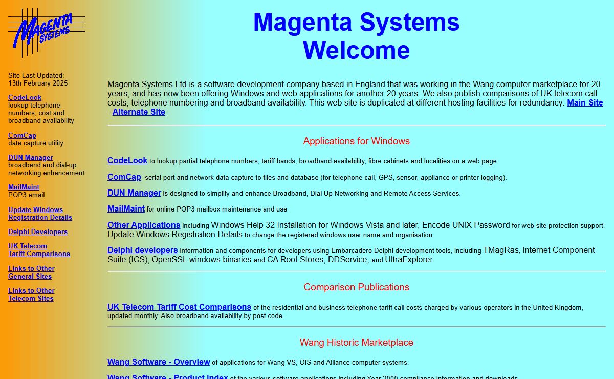 Magenta Systems Ltd - Telecom Tariff Cost Comparisons, ComCap, DUN Manager, MailMaint, Delphi components