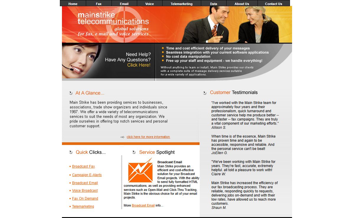 Main Strike Telecommunications - Broadcast Faxing, Broadcast E-Mail, Voice Broadcast, Fax-On-Demand, Telemarketing, Databases, and More!