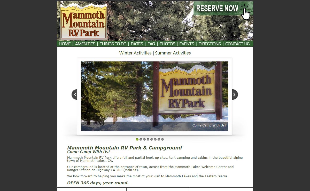 Mammoth Mountain RV Park & Campground offers year-round camping, RV hook-ups, Tent sites, and Rustic Cabins in Mammoth Lakes, CA. Located in the Eastern Sierra Nevada, central to Yosemite and Death Valley National Park, California. Pet and Family Friendly!
