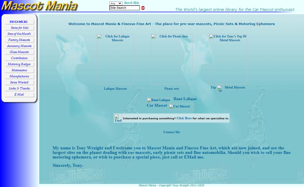 Mascot Mania! Information on car mascots, hood ornaments, car badges, motometers and automobilia.
