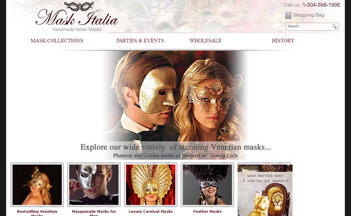 Imported Venetian masks, Italian masks, masquerade masks, carnival masks, costume ball masks, Halloween masks, Mardi Gras masks all handmade in the traditional spirit of Venice, Italy.