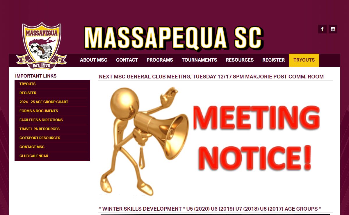 Massapequa Soccer Club | NEXT MSC GENERAL CLUB MEETING, TUESDAY 12/17 8PM MARJORIE POST COMM. ROOM