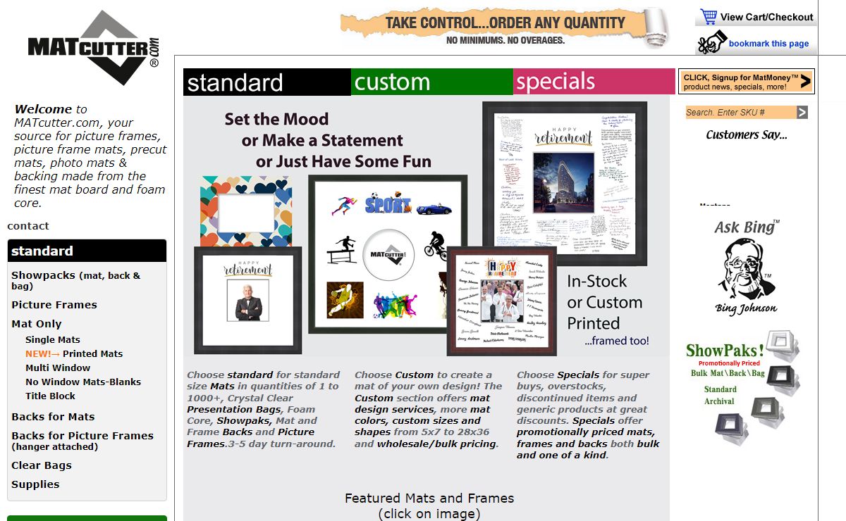Mat cutter makes precut mats, custom bulk mats, precut wholesale picture mats, photo mats, picture frames, black picture frames and backing from the finest mat board and foam core. Our art mats are perfect complement to any picture frame, photo frame, or poster frame.