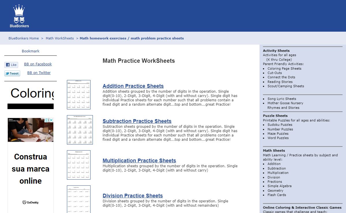 BlueBonkers: Free Printable Math Worksheets - Math Practice Sheets for Addition, Subtraction, Multiplication, Division, and Flash Cards