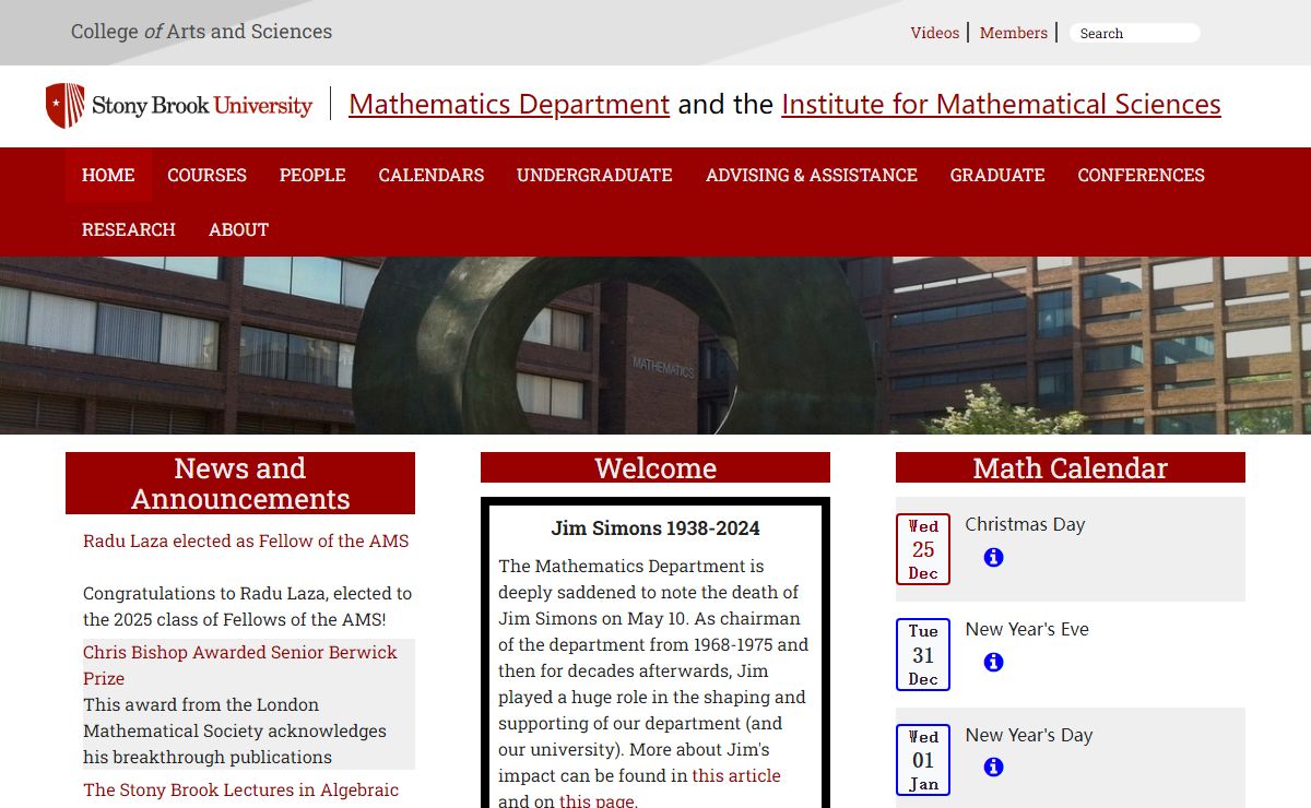 Stony Brook Mathematics Department and Institute for Mathematical Sciences | Mathematics Department and the Institute for Mathematical Sciences