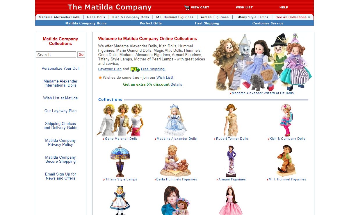 Madame Alexander Dolls, Hummel Figurines, Marie Osmond Dolls, Magic Attic Dolls, Berta Hummels, Gene Marshall Dolls, Madame Alexander Figurines, Armani Figurines, Tiffany Style Lamps, Mother of Pearl Lamps, Helen Kish Dolls, Murano Glass, Steiff Teddy Bears from Matilda Company & Dolls.