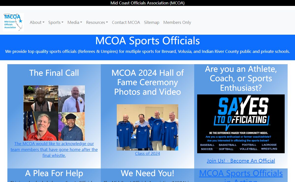 MCOA Home: Florida sports officials for Brevard, Volusia, & Indian River. Baseball, Basketball, Football, Lacrosse, Softball, Soccer, Volleyball, Wrestling.