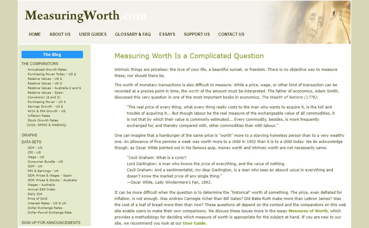 Measuring Worth - Relative Worth Comparators and Data Sets