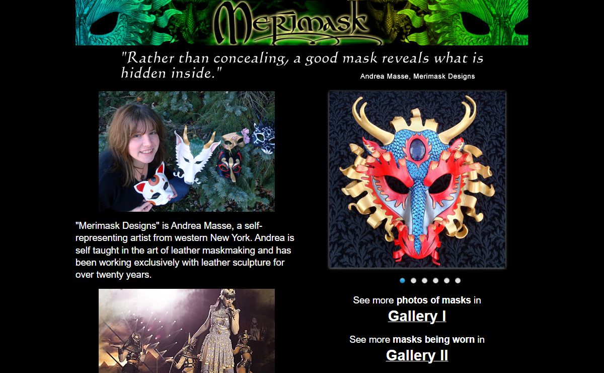 Merimask Designs - Hand Carved Leather Masks and Sculptures by Andrea Masse