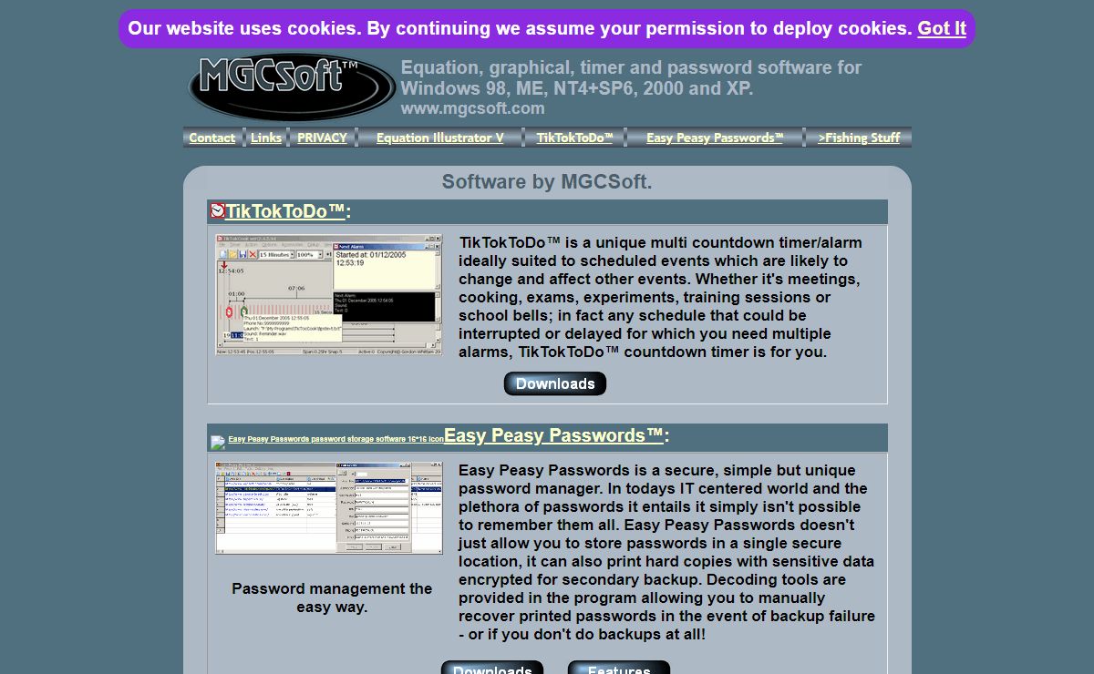 Password manager, countdown timer and graphics software by MGCSoft. Easy Peasy Passwords, TikTokToDo/TikTokCook and Equation Illustrator V.
