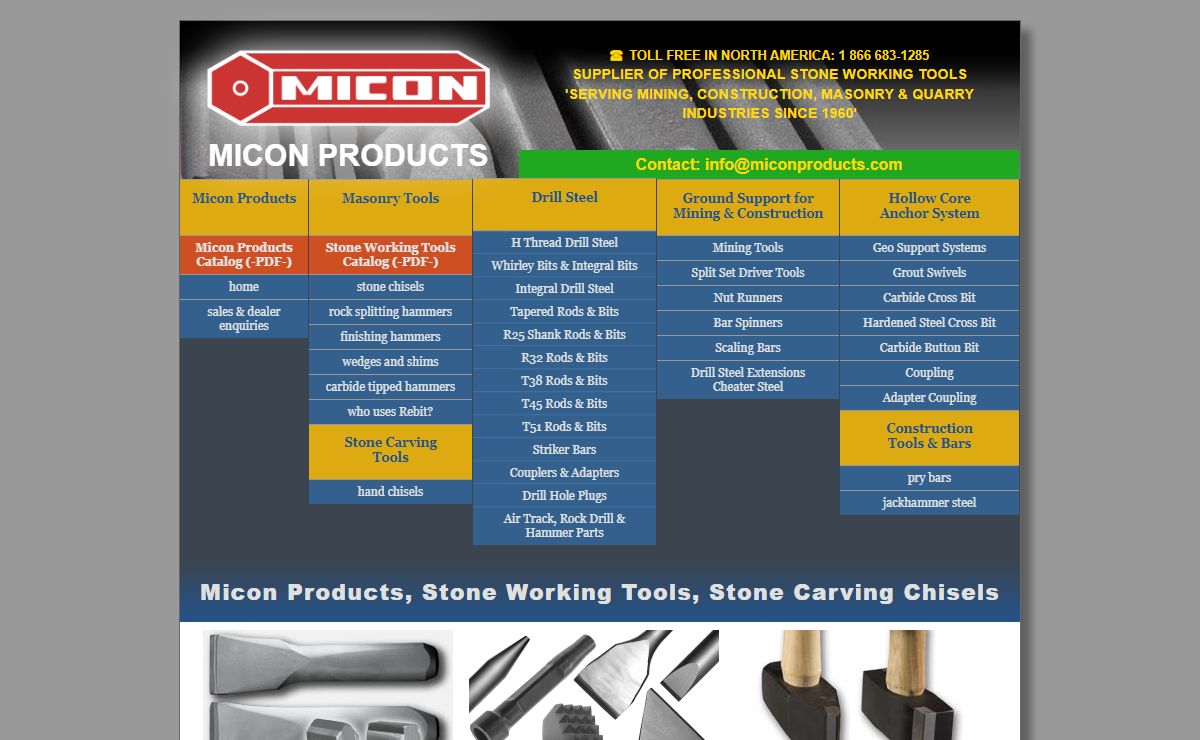 Supplier of tools for masons and carvers, construction and mining, Toll Free in NA: 1 866 683-1285