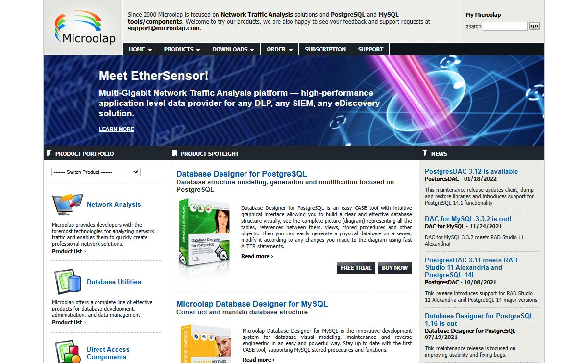 Microolap Home page: Network Traffic Analysis, MySQL and PostgreSQL DB modeling tools, Direct Access Components