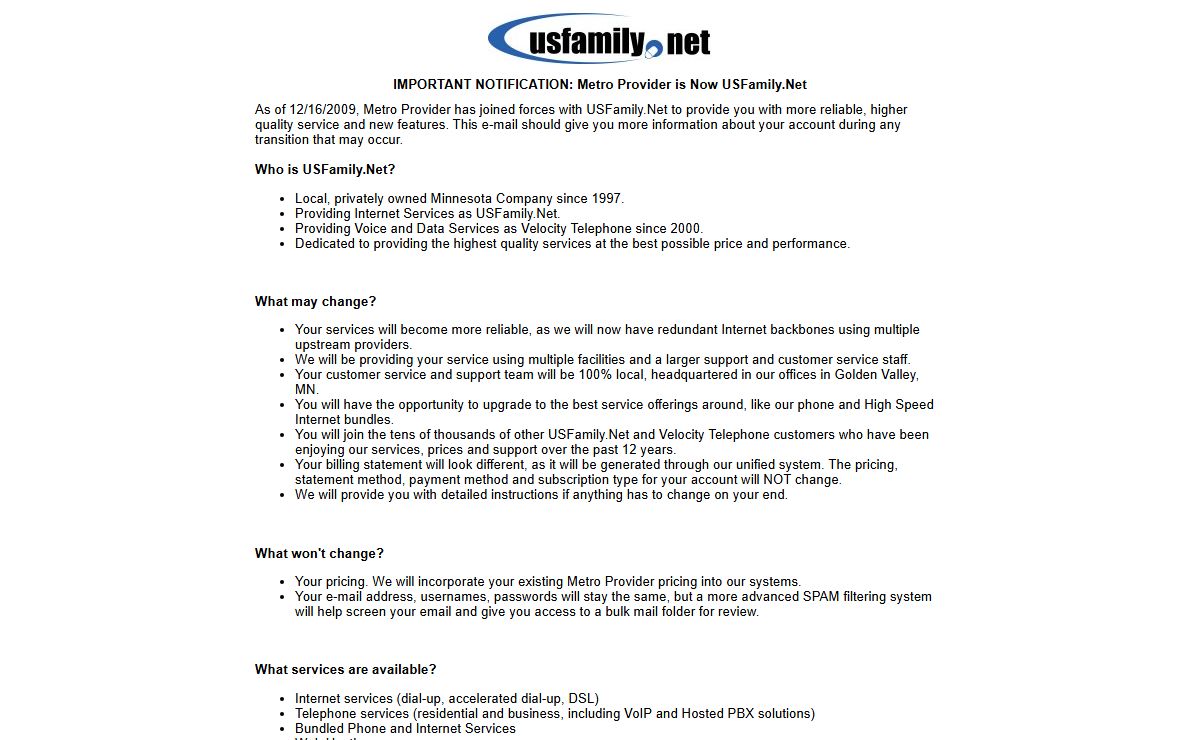 Metro Provider is now USFamily.Net