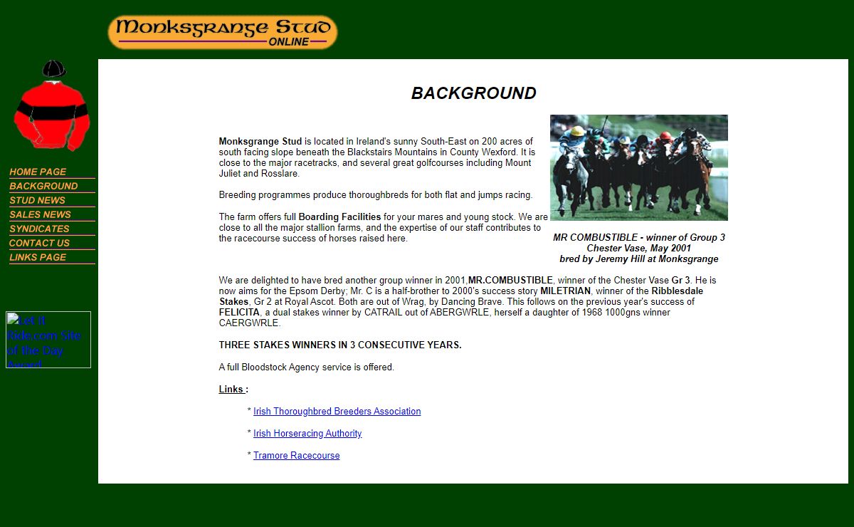HORSERACING. MonksGrange Stud Online, Wexford, Ireland. MonksGrange Stud breeding racehorses to win.