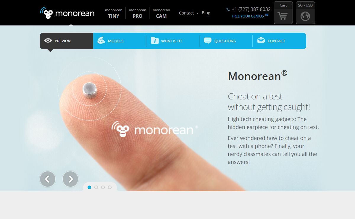 Wireless hidden earpiece and camera for cheating on tests and exams. Monorean